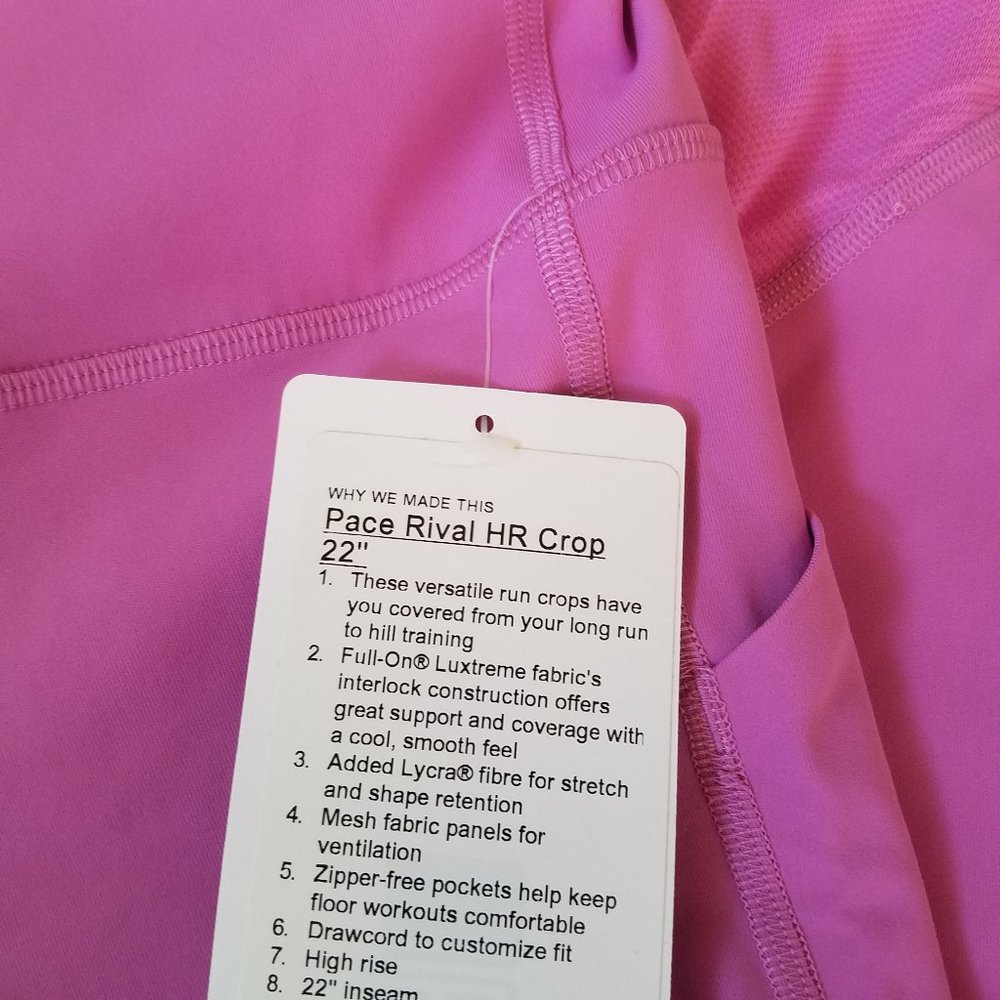 NWT Lululemon Pace Rival Crop Pink Size 8 Magenta - Picture 7 of 9